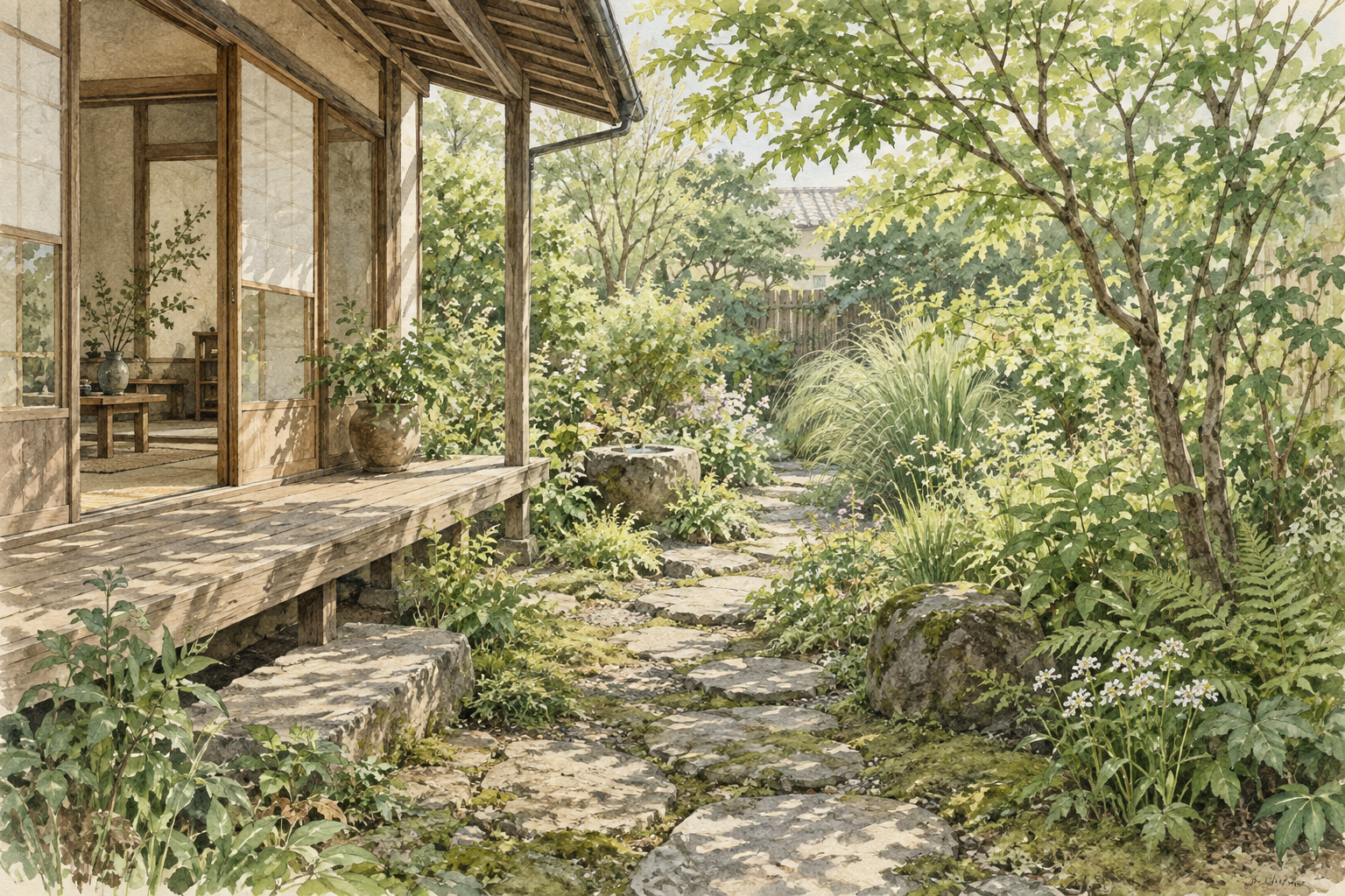 家の縁側から草木の育つ庭へ続く風景を描いた水彩画