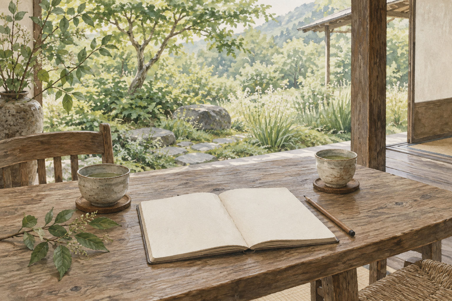 庭を眺めるテーブルにノートとお茶を置いた水彩画