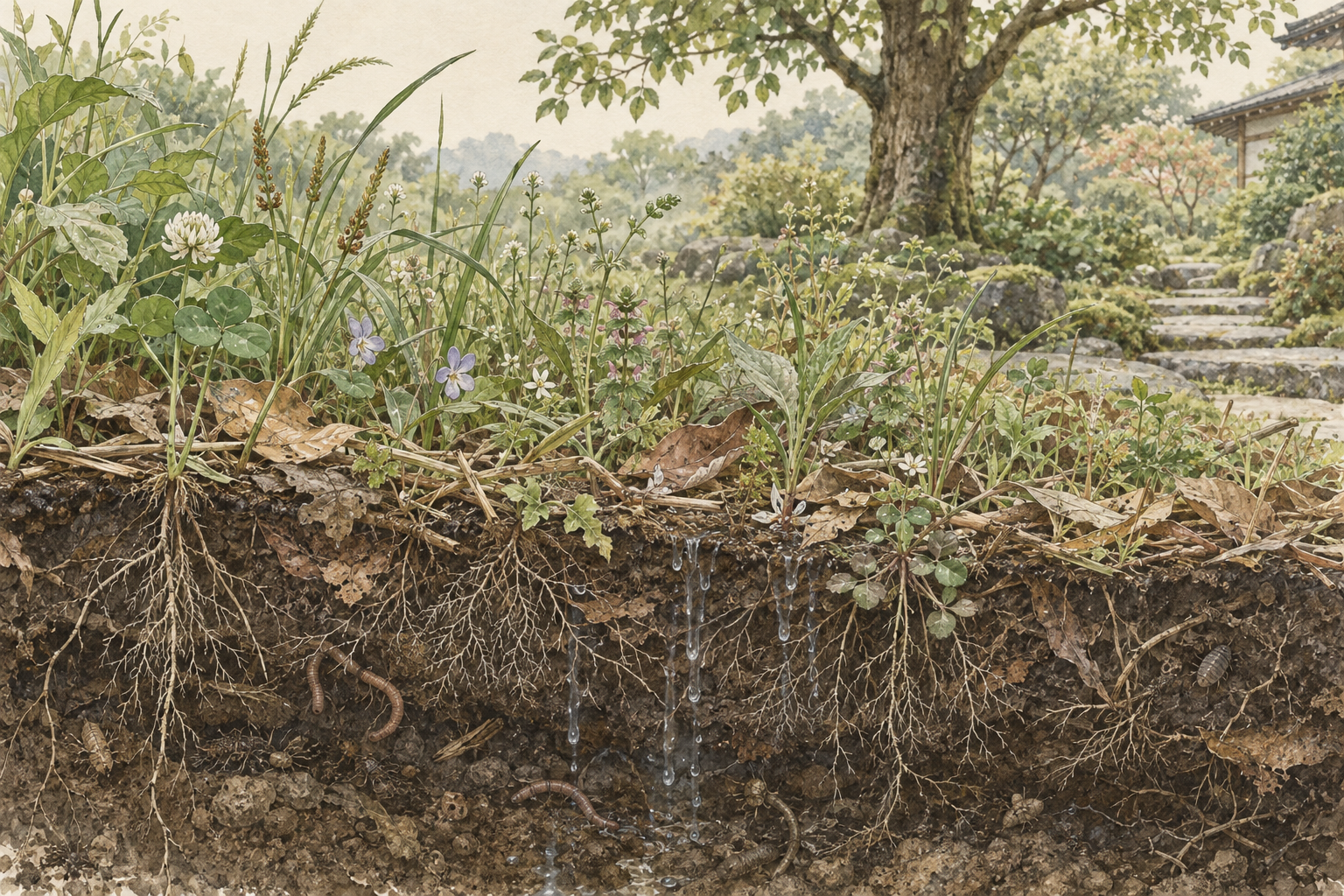 草や落ち葉、土の中の根と水のつながりを描いた水彩風のイラスト
